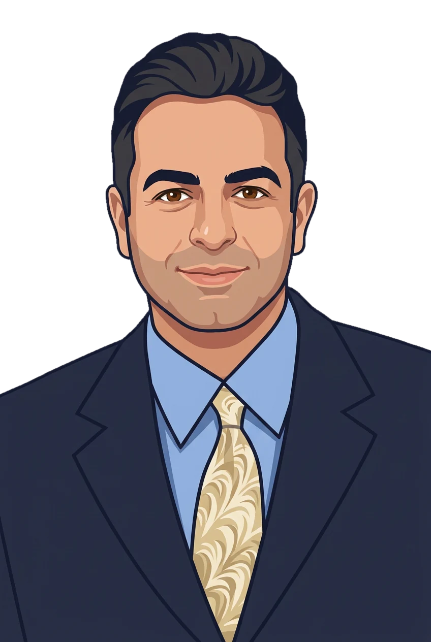 Illustrated portrait of attorney Fred Yadegar in a dark suit and blue shirt