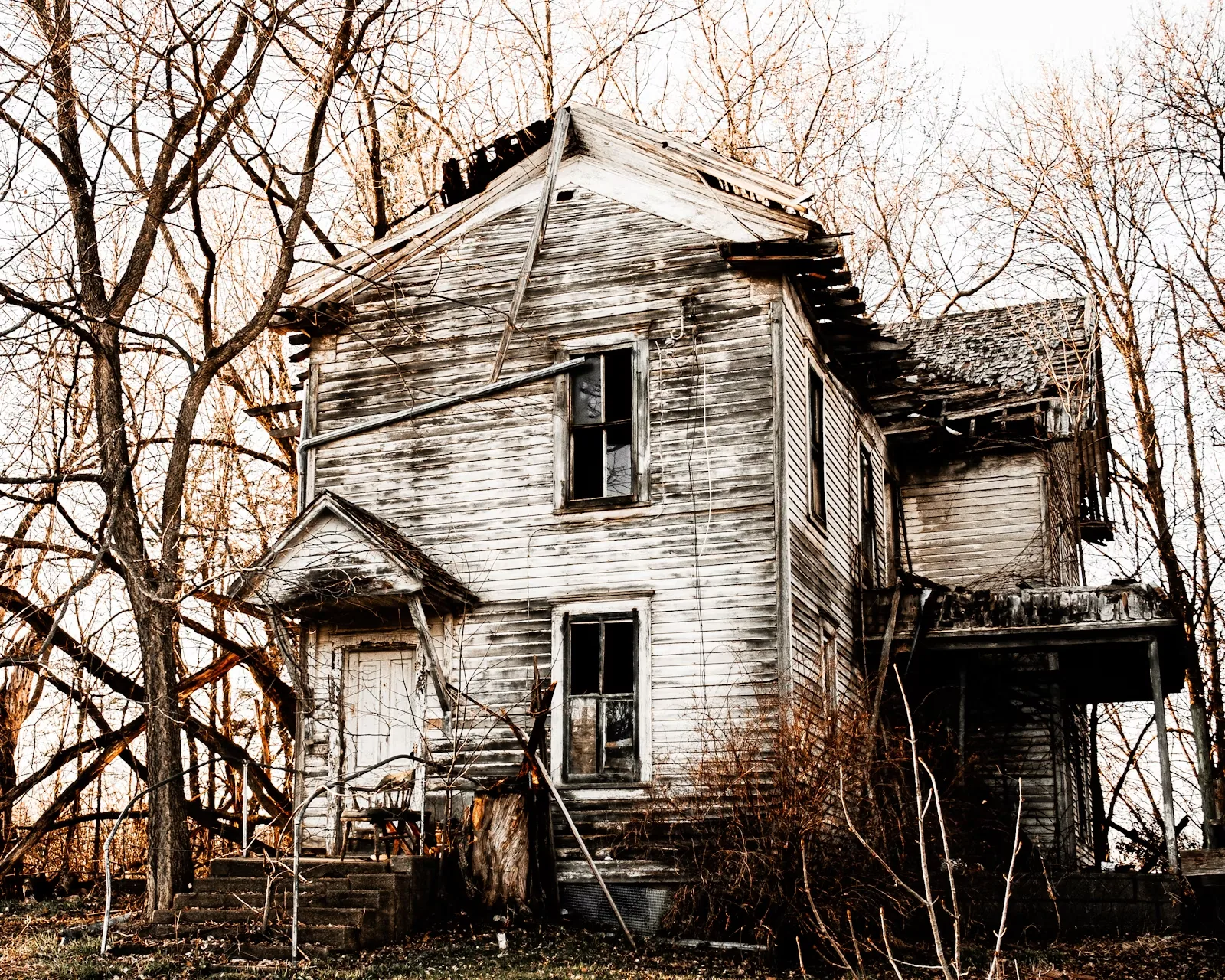 White and black wooden house beside bare trees in daylight