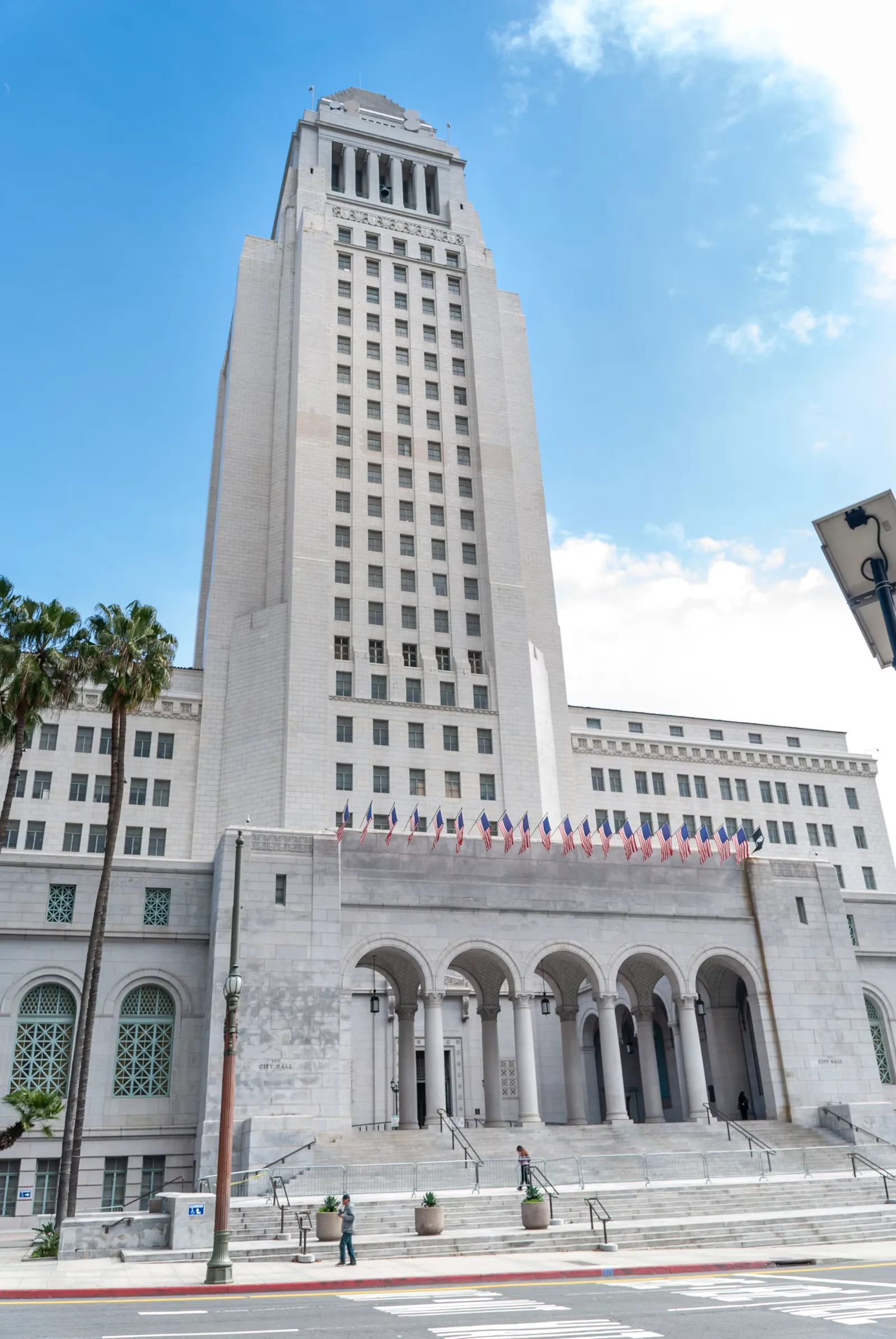 Los Angeles City Hall tower against a clear blue sky