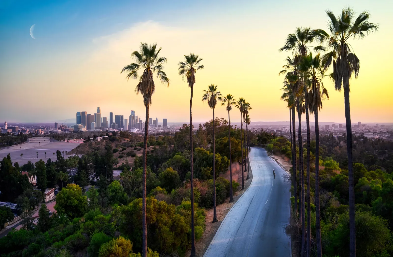 Palm-lined road leading toward the downtown Los Angeles skyline at golden hour